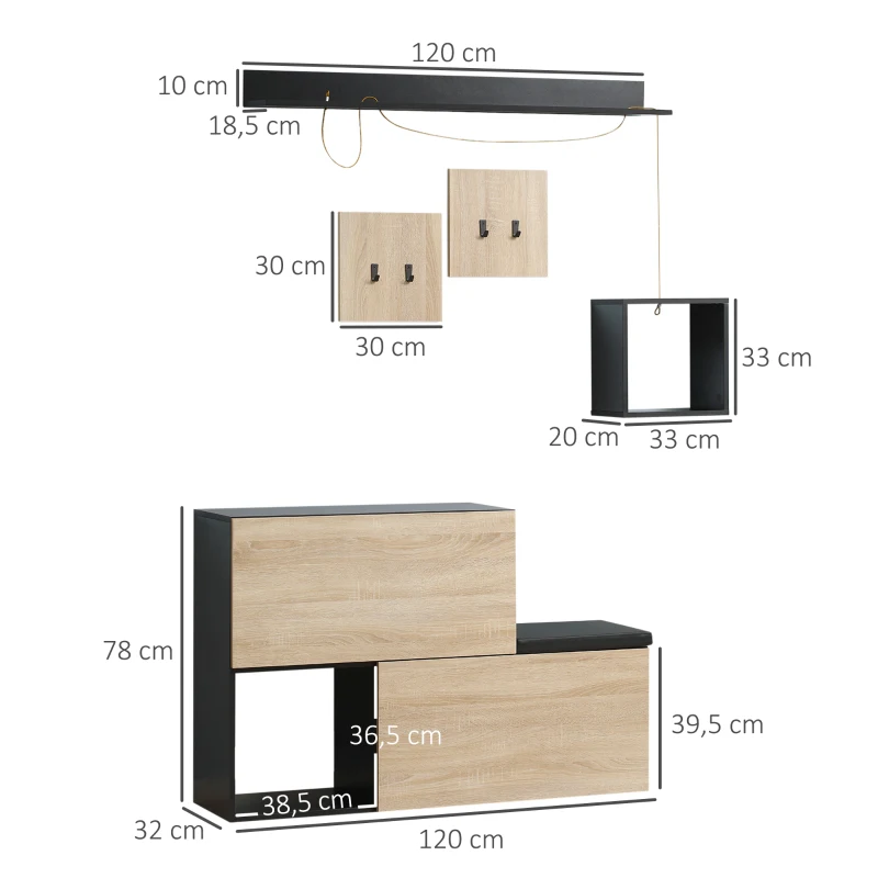 HOMCOM Ensemble de meuble d'entrée avec banc à chaussures, meuble à chaussures, 4 patères et étagère pour l'entrée, noir et naturel