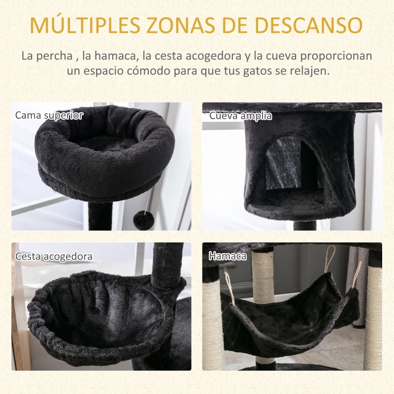 PawHut Árbol Rascador para Gatos Grande 65x50x153 cm Torre para Gatos Centro de Actividades con Múltiples Plataforma Poste Hamaca Bolas de Juguete y Cueva Gris Oscuro