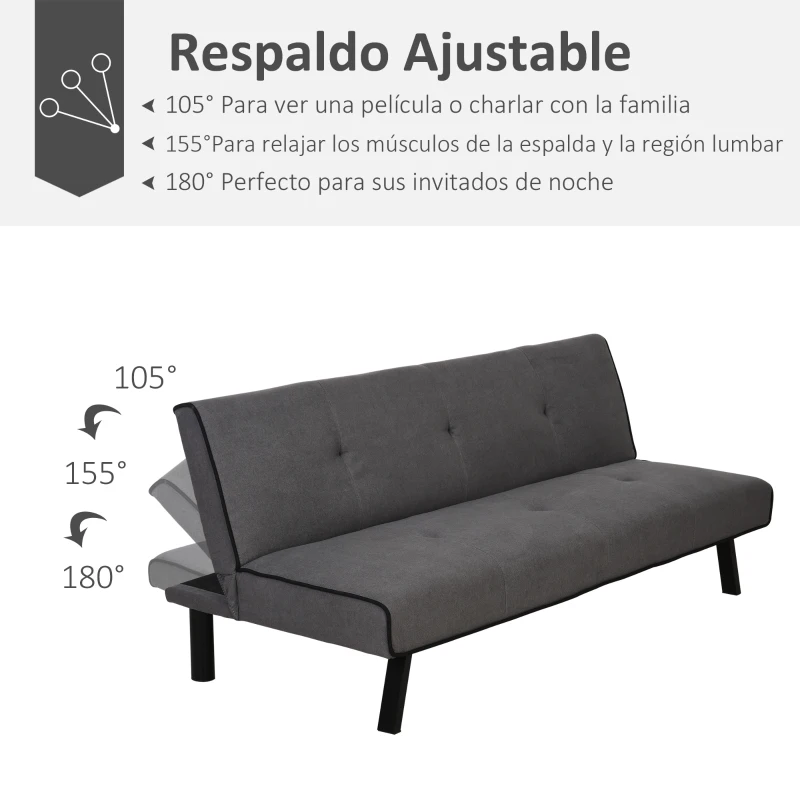 HOMCOM Sofá Cama de 3 Plazas Reclinable Sofá Cama Convertible Tapizado en Tela con Patas de Metal para Salón Carga 300 kg 170x76x72,5 cm Gris