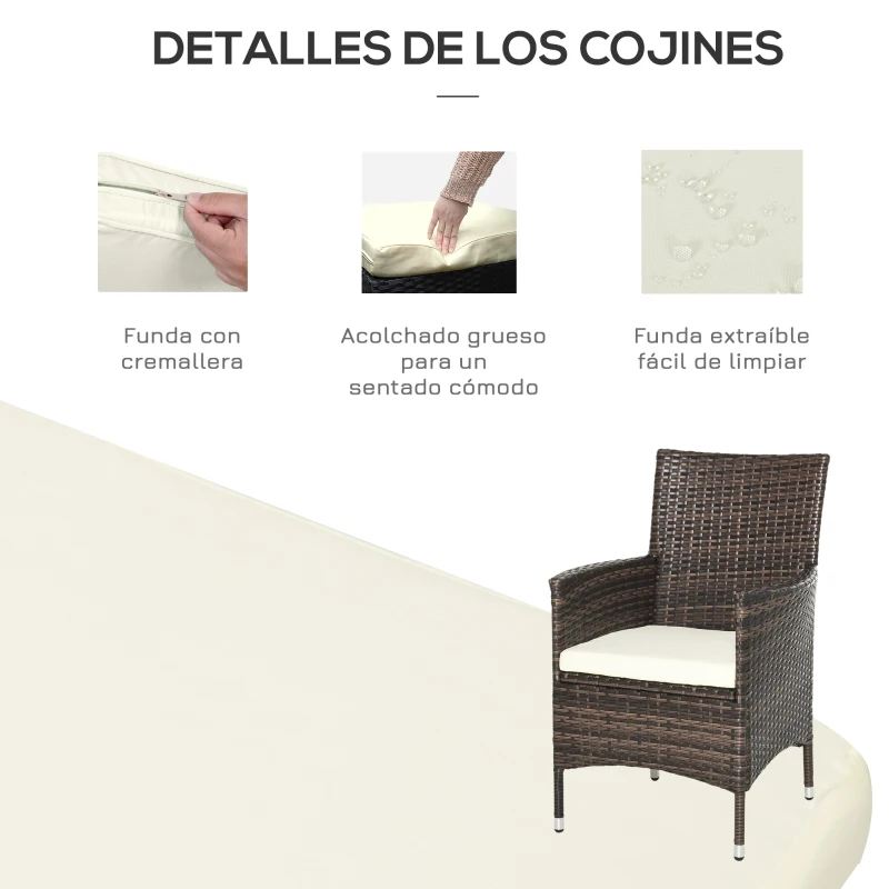 Outsunny Conjunto de Muebles para Jardín Juegos de Muebles de Ratán Incluye 1 Mesa y 2 Sillones con Cojines Estructura de Metal para Terraza Patio Marrón