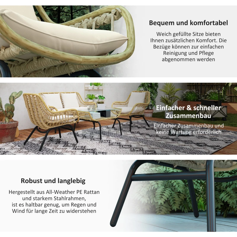 Outsunny Sitzgruppe, Outdoor Sitzgarnitur, Gartenmöbel Set mit Beistelltisch, Metall, Rattan, Beige, 118 x 69 x 73 cm