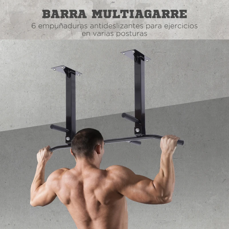 HOMCOM Barra de Dominadas en Techo Barra para Dominadas de Acero Barra de Tracción para Entrenamiento Casa 105,5x28x49 cm Negro