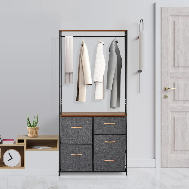 Armario Ropero Abierto Almacenaje Hecho de Metal Plegable con 5 Cajones Extraíbles Apto para Salón Oficina Dormitorio Estudio con Barra para Colgar Estilo Moderno Negra Gris 83x28x175cm