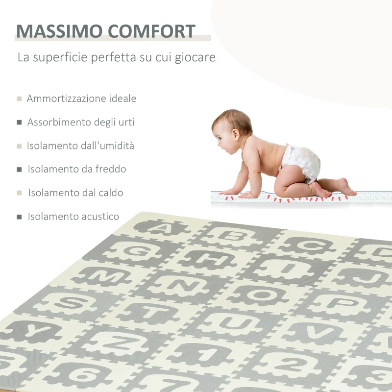 HOMCOM Tappeto Puzzle per Bambini 36 Pezzi con Lettere e Numeri, in Schiuma EVA Antiscivolo, Area Coperta 3.24㎡, Bianco e Grigio