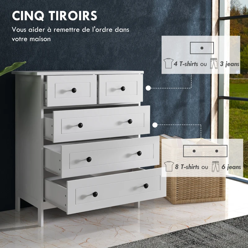 HOMCOM Commode meuble de rangement 5 tiroirs pour chambre, bureau, entrée, blanc et poignée métal noir(m-5)