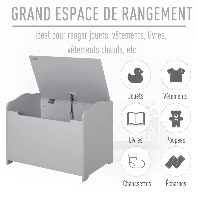 HOMCOM Coffres à jouets pour enfants Boîte à jouets malle de rangement dim. 60L x 40l x 48H cm vérin pneumatique MDF gris
