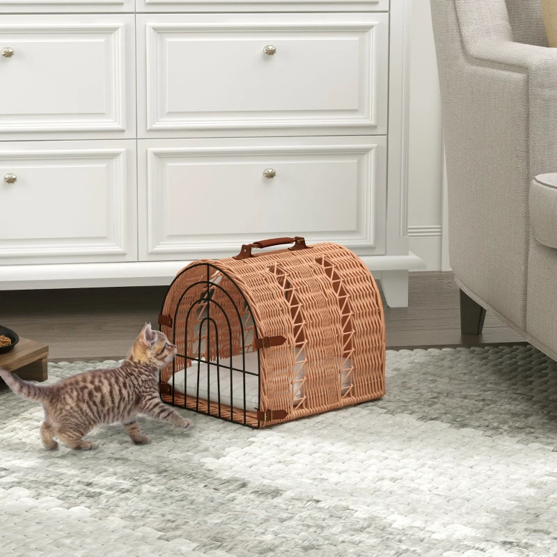 PawHut Wicker Cat Carrier Basket Kitten Bed Portable Pet Caves Houses w/ Soft Cushion 37 x 28 x 29 cm Orange