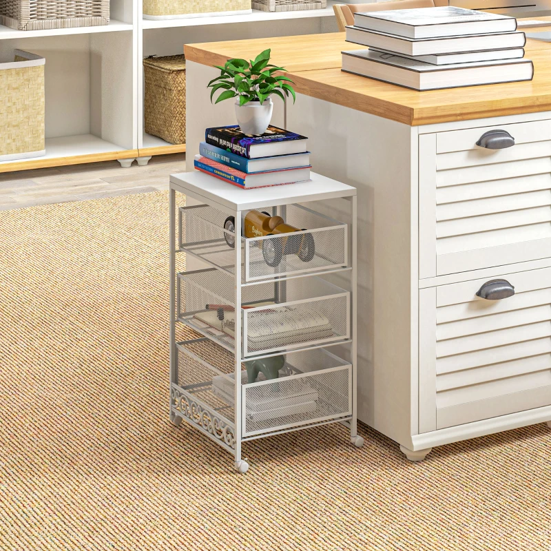 HOMCOM Carrito de Almacenamiento con Ruedas de 3 Niveles con 3 Cesta de Almacenamiento para Salón Comedor 34x29,5x57,5cm Blanco