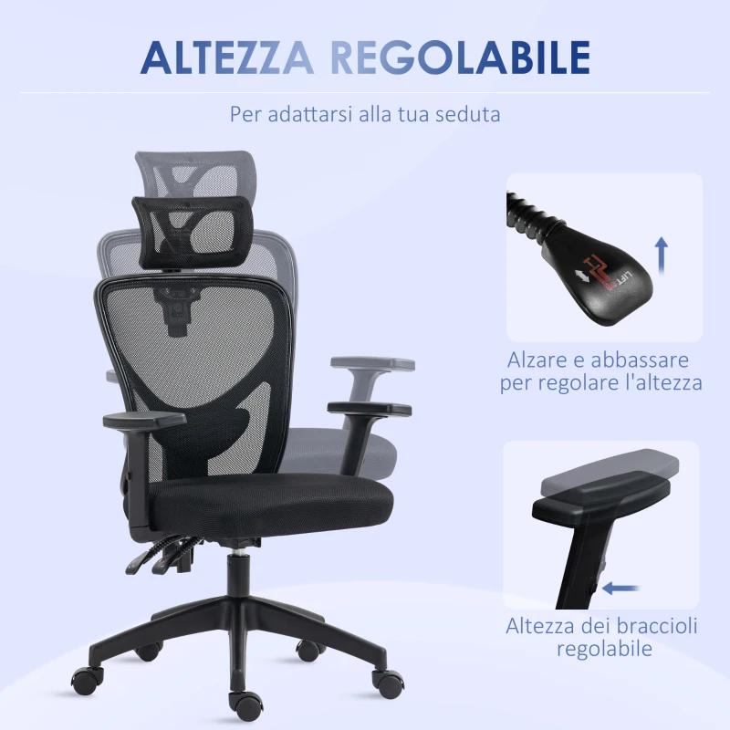 Vinsetto Sedia da Ufficio Ergonomica con Altezza Regolabile, Supporto Lombare e Poggiatesta, 66x61x106-116cm Nero