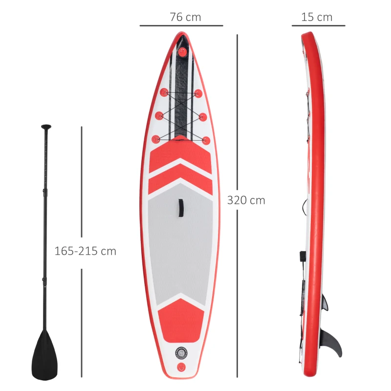 Outsunny Aufblasbares Surfbrett 320 cm Surfboard Stand Up Board mit Paddel faltbar EVA Rutschfest inkl. Zubehör Weiß+Rot