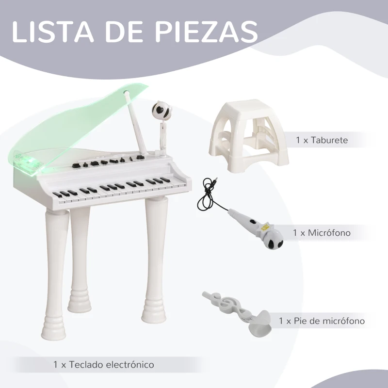 AIYAPLAY Juego de Piano Infantil de 32 Teclas con Micrófono Taburete Luces 22 Canciones y 4 Sonidos 37x30,5x60,4 cm Blanco