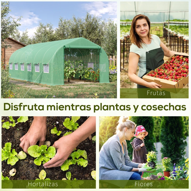 Outsunny Invernadero de Exterior Invernadero de Túnel 6x3x2 m Invernadero de Jardín Grande con 12 Ventanas y Puerta Enrollable con Cremallera Macro de Metal para Cultivo Plantas Verde