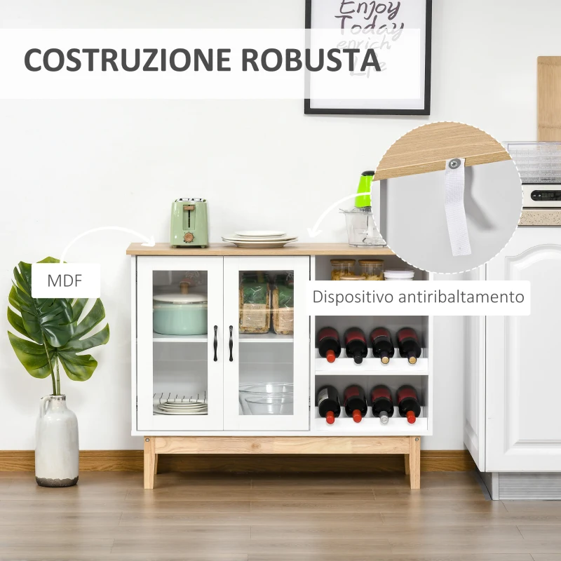 HOMCOM Credenza Moderna con Cantinetta Portabottiglie a 3 Ripiani in MDF e Truciolato 103x34x80cm Bianco
