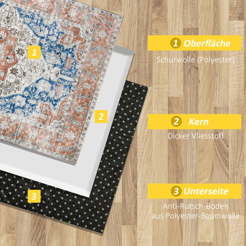 HOMCOM Teppich im Used Look, Kurzflor, weich und rutschfest, rot+blau, 2,3 x 1,6 m