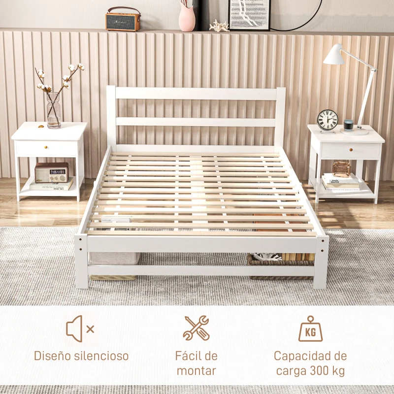 HOMCOM Marco de Cama de Madera 195x141 cm Estructura de Cama Doble para Colchón de 135x190 cm (no incluido) Carga 300 kg Blanco