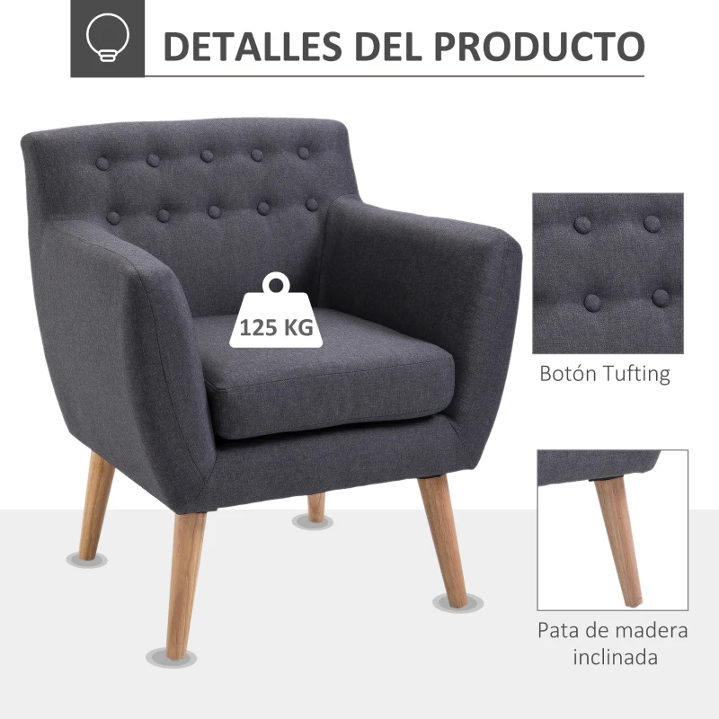 HOMCOM Butaca para Dormitorio con Reposabrazos y Patas de Madera Sofá Individual Carga 125 kg para Oficina Gris Oscuro