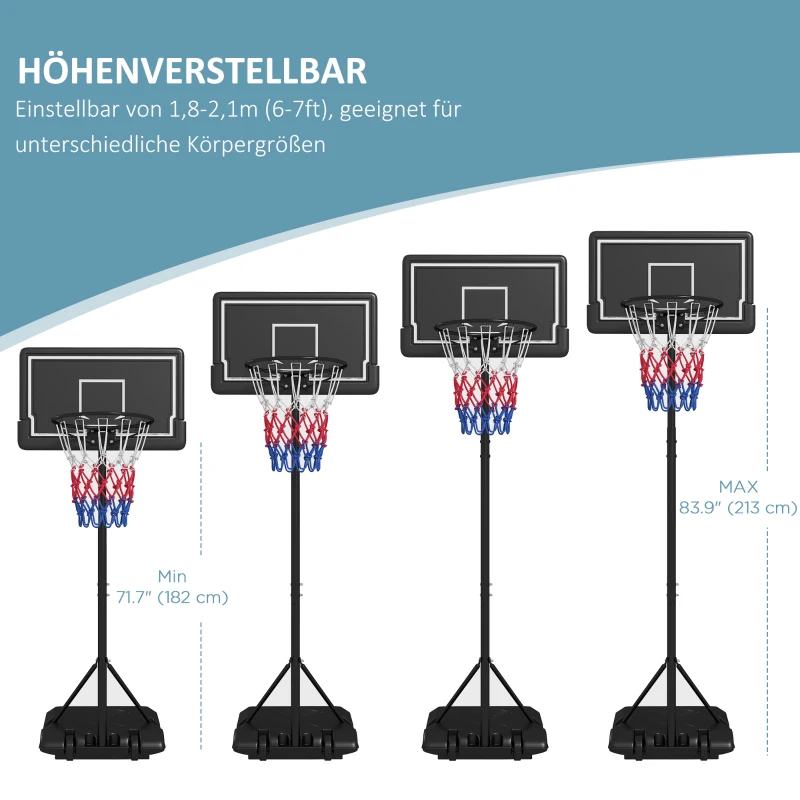 SPORTNOW Basketballständer, höhenverstellbar, mobil, befüllbar, bruchsichere Rückwand, Korbhöhe 1,82 - 2,13 m, Schwarz