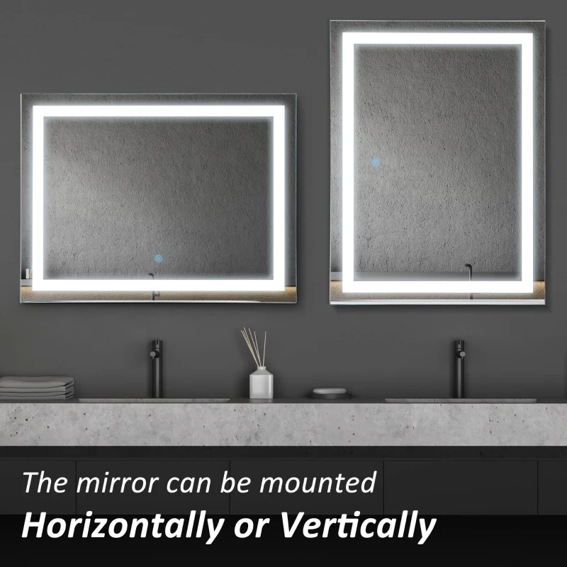 kleankin Bathroom Mirror with LED Lights, Illuminated Makeup Mirror with 3 Colours, Defogging Film and Memory Function, Hardwired, Horizontal or Vertical, 70 x 50 cm