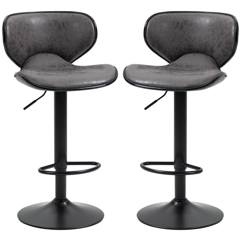 HOMCOM Kitchen Stools Set of 2 Leather Upholstered 61-81cm Adjustable Height Counter Bar Stools with Back, Dark Grey