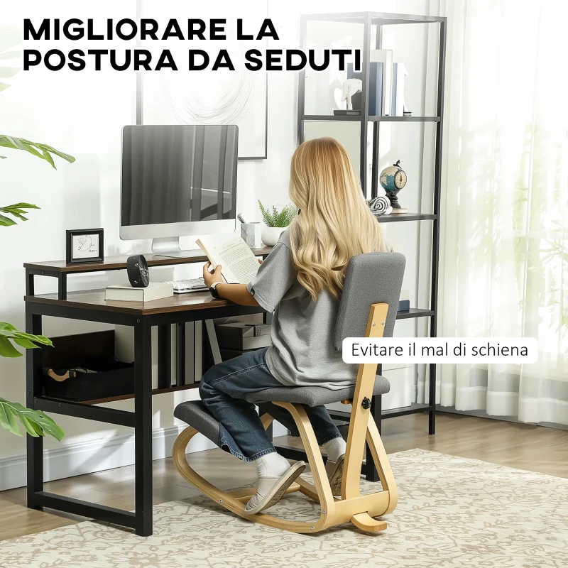 HOMCOM Sedia Inginocchiatoio con Movimento a Dondolo, in Tessuto Effetto Lino e Legno di Betulla, 51x84x93 cm, Grigio