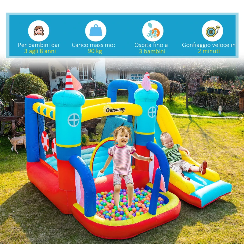 Outsunny Castello Gonfiabile 4 in 1 Bimbi 3-8 Anni, Scivolo e Piscina, 265x260x200cm