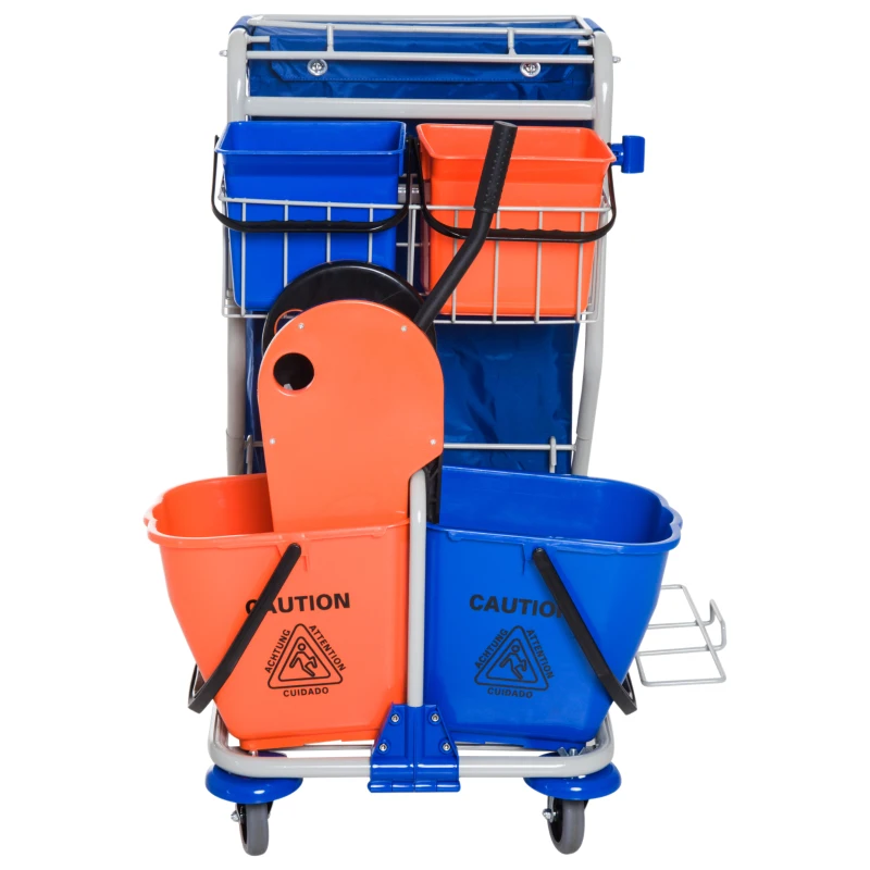 HOMCOM Putzwagen Reinigungswagen mit 2 x 18L & 2 x 6L Eimern Wischwagen Haushaltswagen mit Mopp-Presse, Aufbewahrungskorb, Blau Orange 93 x 80 x 97 cm