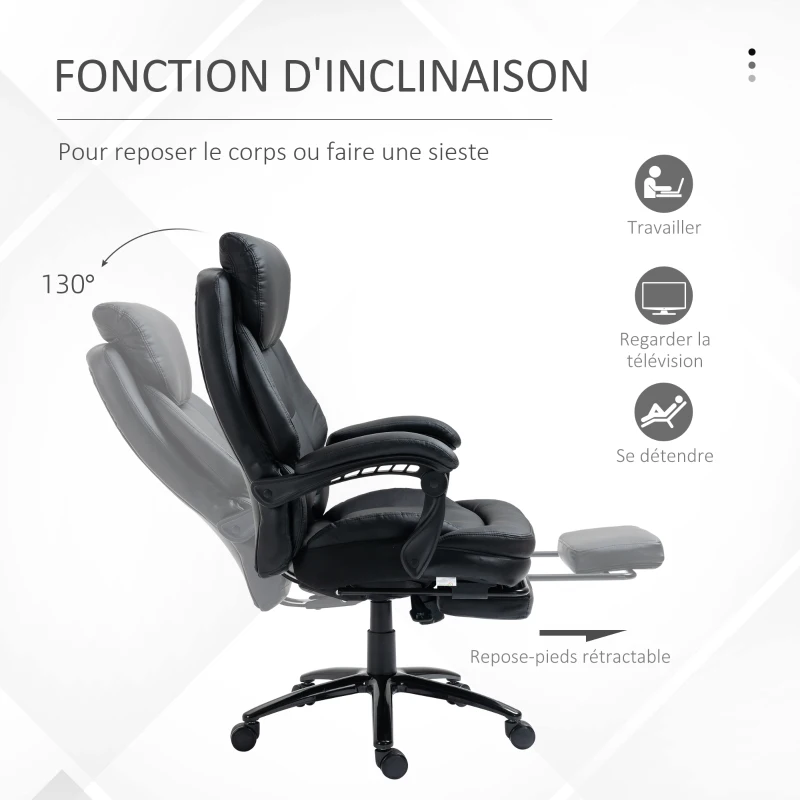 Vinsetto Chaise de bureau fauteuil de bureau ergonomique grand confort hauteur réglable dossier inclinable repose-pieds pivotant à 360 ° 73 x 66 x 118 cm noir