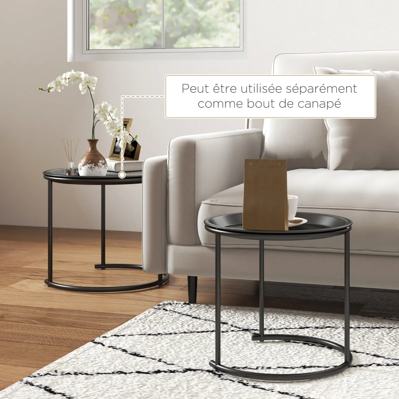 HOMCOM Lot de 2 tables basses rondes gigognes plateaux amovibles style industriel en acier Ø 43 et Ø 35 cm noir