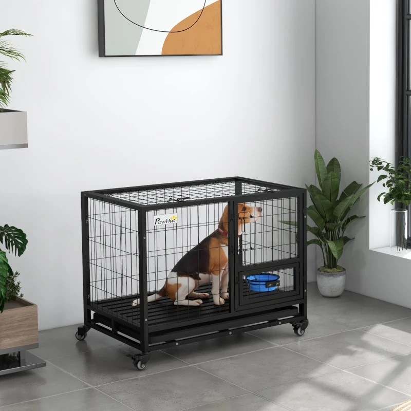 PawHut Heavy Duty Dog Crate on Wheels w/ Bowl Holder, Removable Tray, Openable Top, Detachable Door, for M, L Dogs