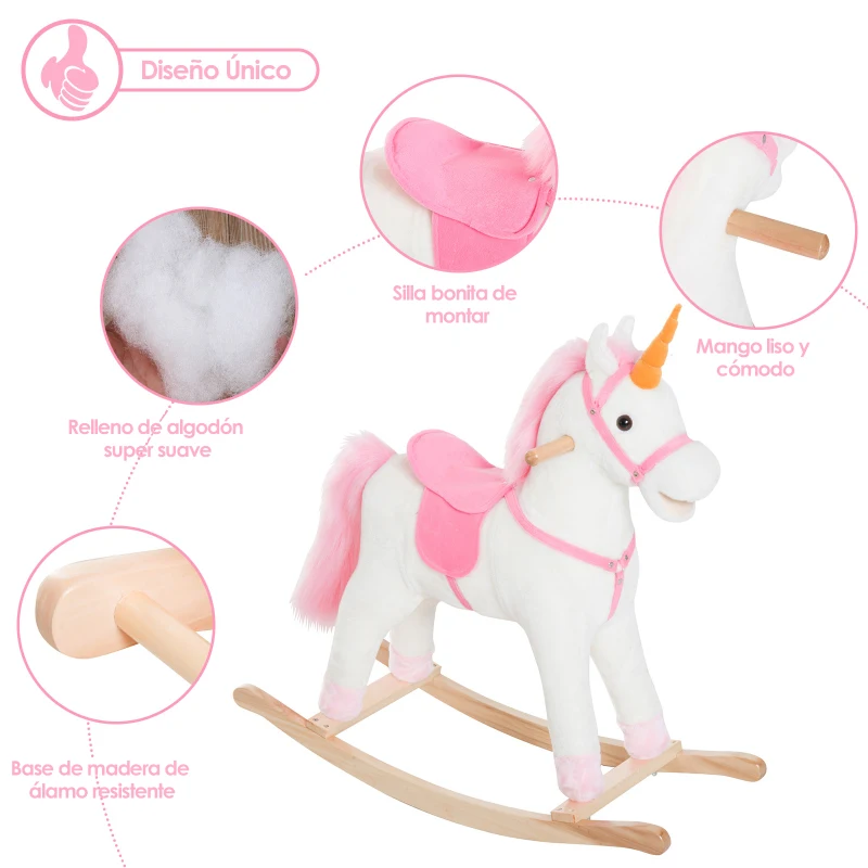 HOMCOM Caballito Balancín de Peluche Balancín Caballo Caballito Madera Juguete de Mecedora para Niños +3 Años 78x28x68cm Forma Unicornio
