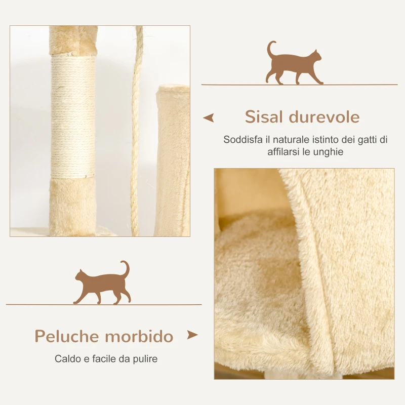 PawHut Albero Tiragraffi per Gatti in Legno a 4 Livelli con Cuccia, Giocattoli, Pallina e Corda, Altezza 114 cm