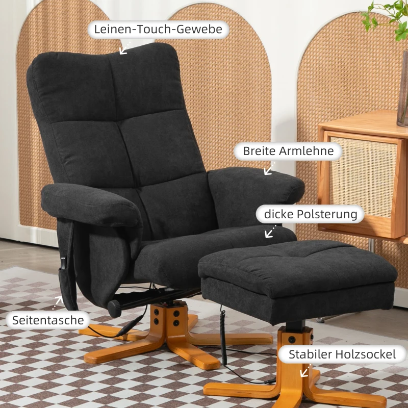HOMCOM Massagesessel mit Liegefunktion und Fußhocker, 145°-Neigung, Polyester, 80 x 86 x 99 cm, Schwarz(m-7)