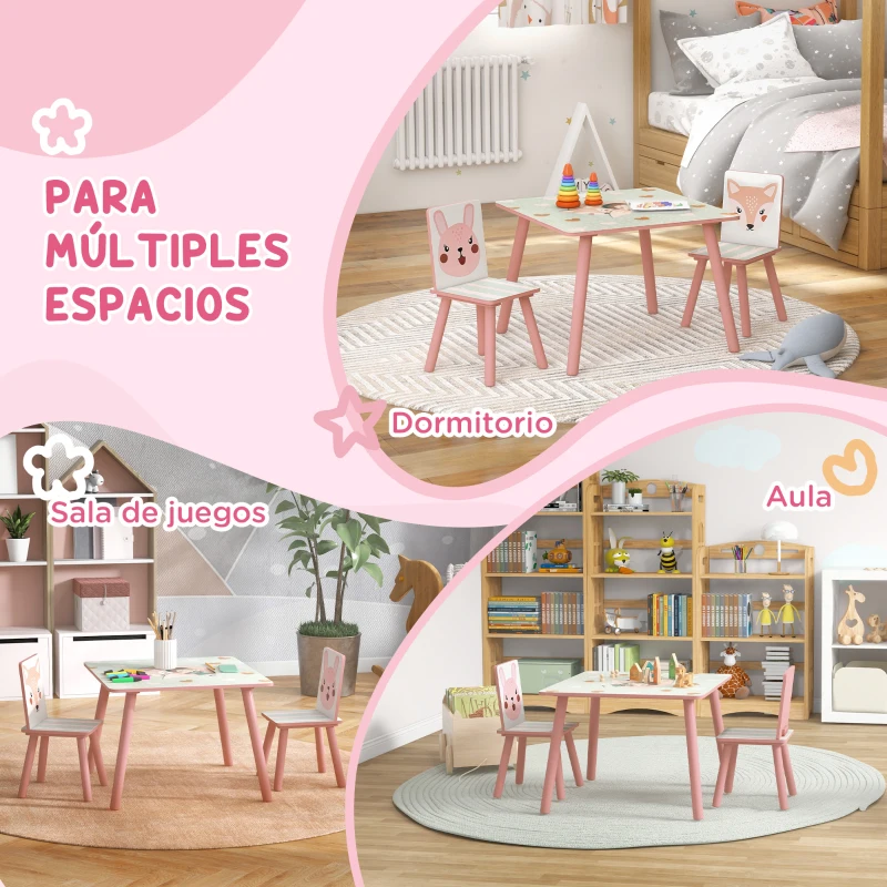 ZONEKIZ Set de Mesa y 2 Sillas Conjunto de Muebles Infantiles de 3 Piezas para Niños de +3 Años con Estampado Animales y Rosa