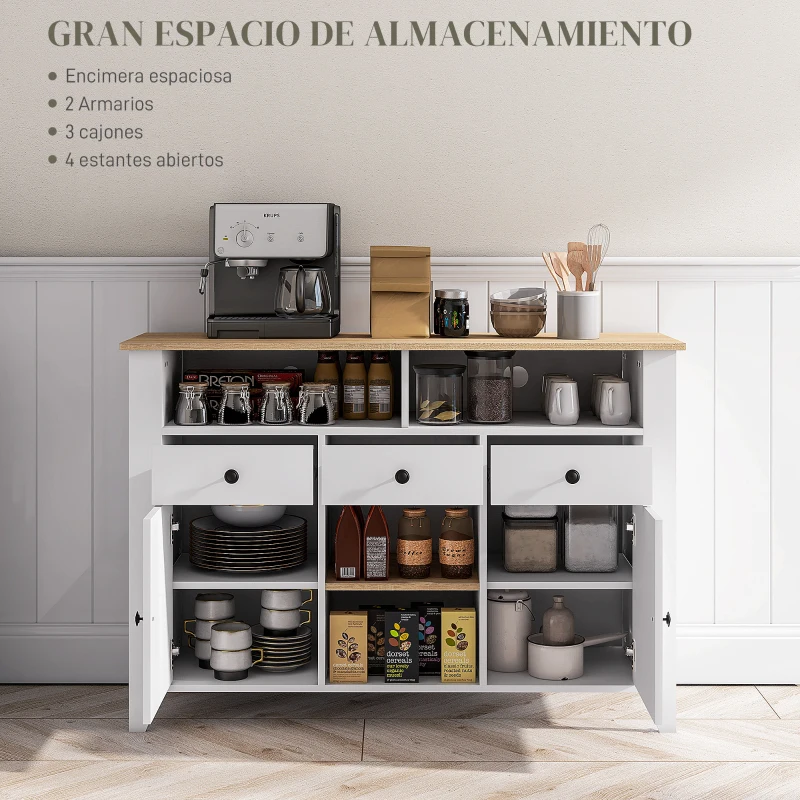 HOMCOM Aparador de Cocina Mesa para Televisores de 50 Pulgadas con 3 Cajones 2 Puertas 120x38x81,5 cm Blanco