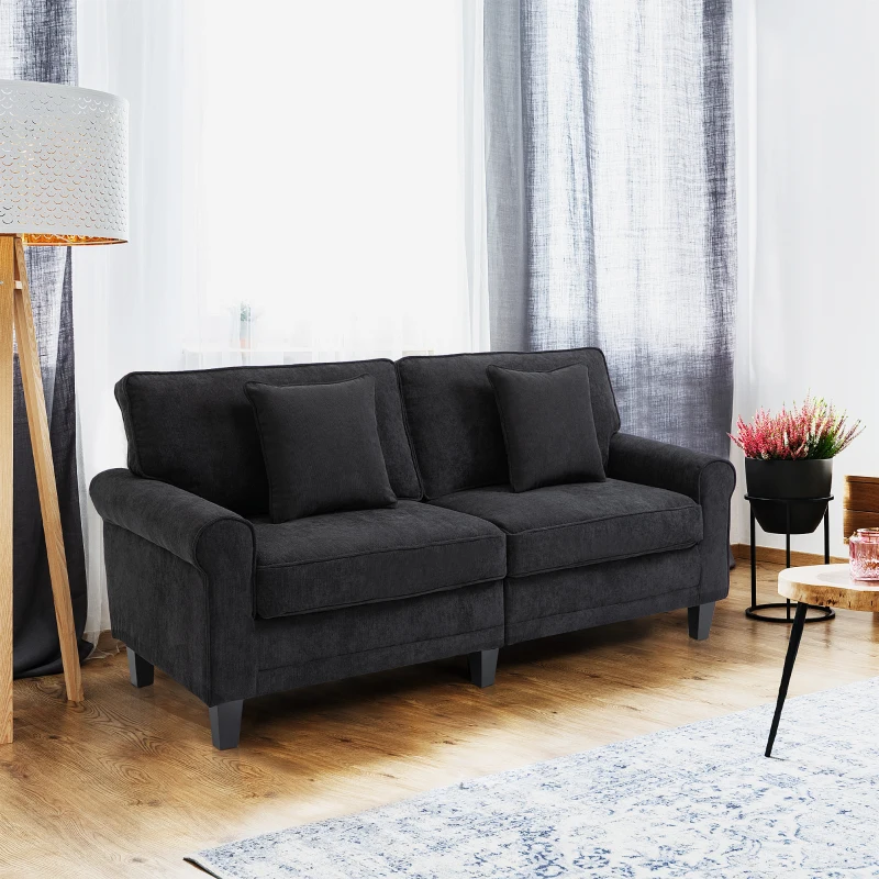 HOMCOM Canapé 3 places en tissu velours côtelé 197 cm  avec accoudoirs et dossier rembourrées 2 oreillers noir