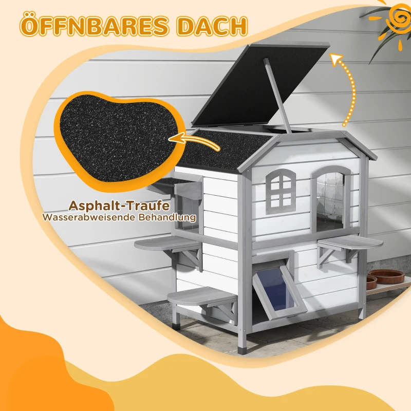 PawHut Katzenhaus Katzenhütte Katzenhöhle, 2 Stockwerke, wetterbeständig, 78,1 cm x 55,2 cm x 90,8 cm, Weiß + Grau(m-4)