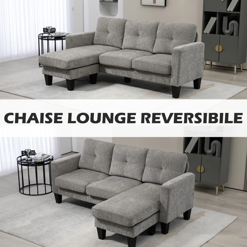 HOMCOM Divano Angolare 3 Posti con Cuscino per Seduta e Schienale, in Tessuto Effetto Ciniglia, 186x130x84 cm, Tortora