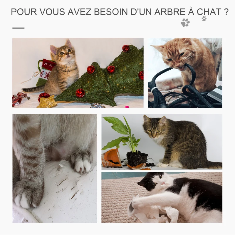 PawHut Arbre à chats style cosy chic griffoirs sisal naturel niche 3 plateformes 2 jeux boules peluche courte résine tressée imitation rotin beige