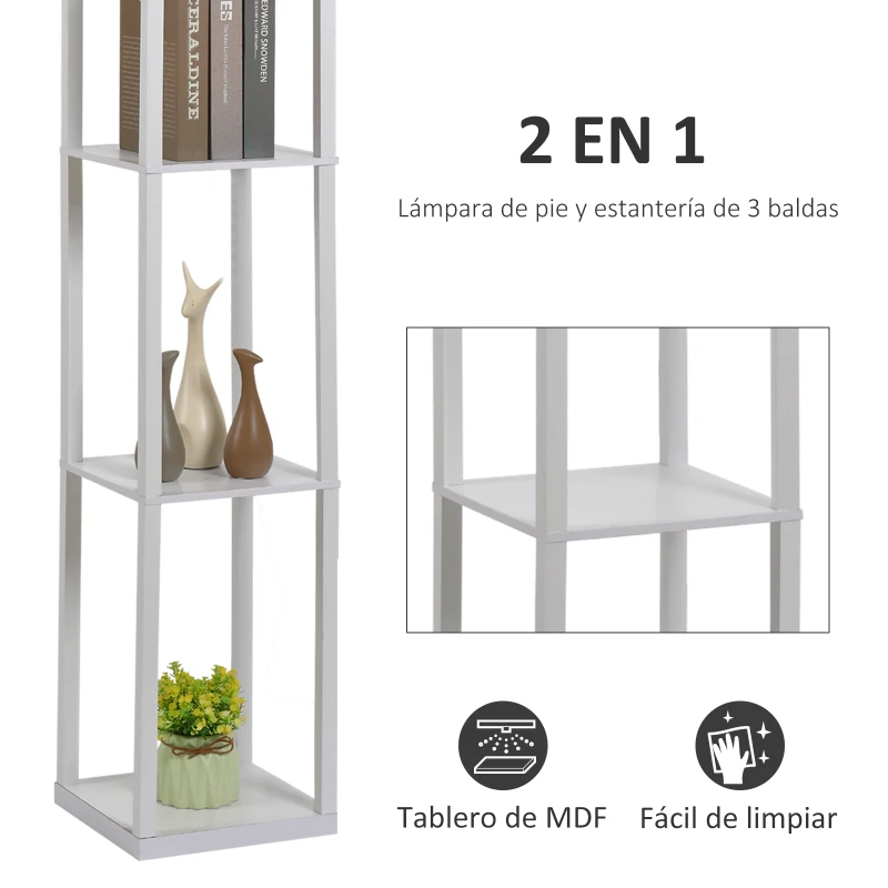 HOMCOM Lámpara de Pie con Estantes de Almacenaje, Lámpara de Madera Moderna, Bombilla E27, para Salón, Dormitorio, Oficina, Blanco
