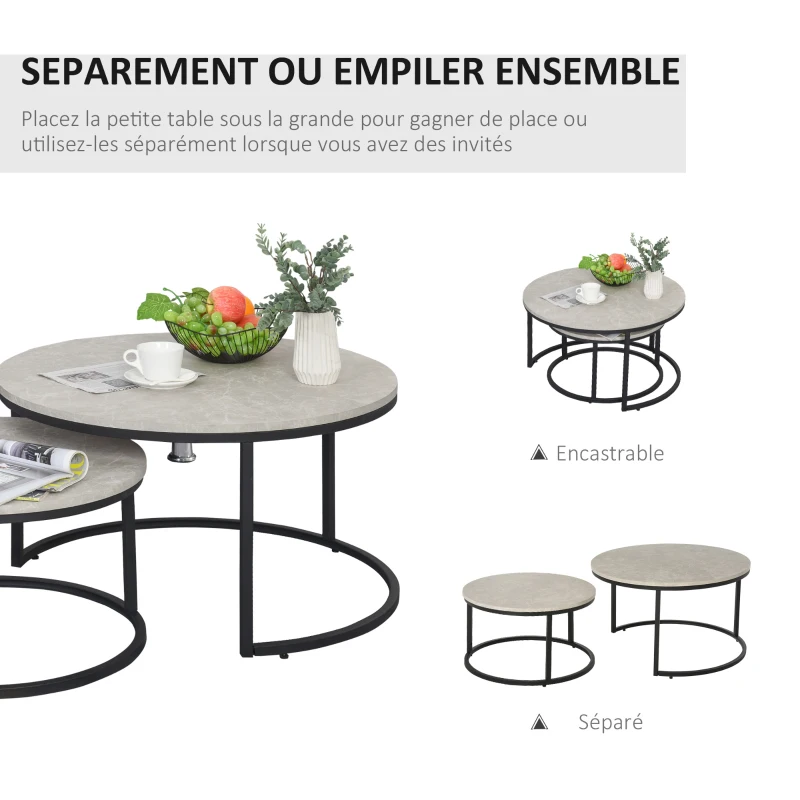 HOMCOM Lot de 2 tables basses gigognes empilable design industriel pieds en métal gris