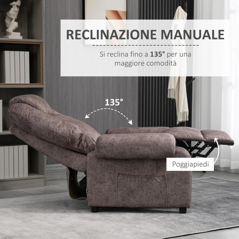 HOMCOM Poltrona Relax Reclinabile Manualmente in Tessuto con Imbottitura Extra, Marrone