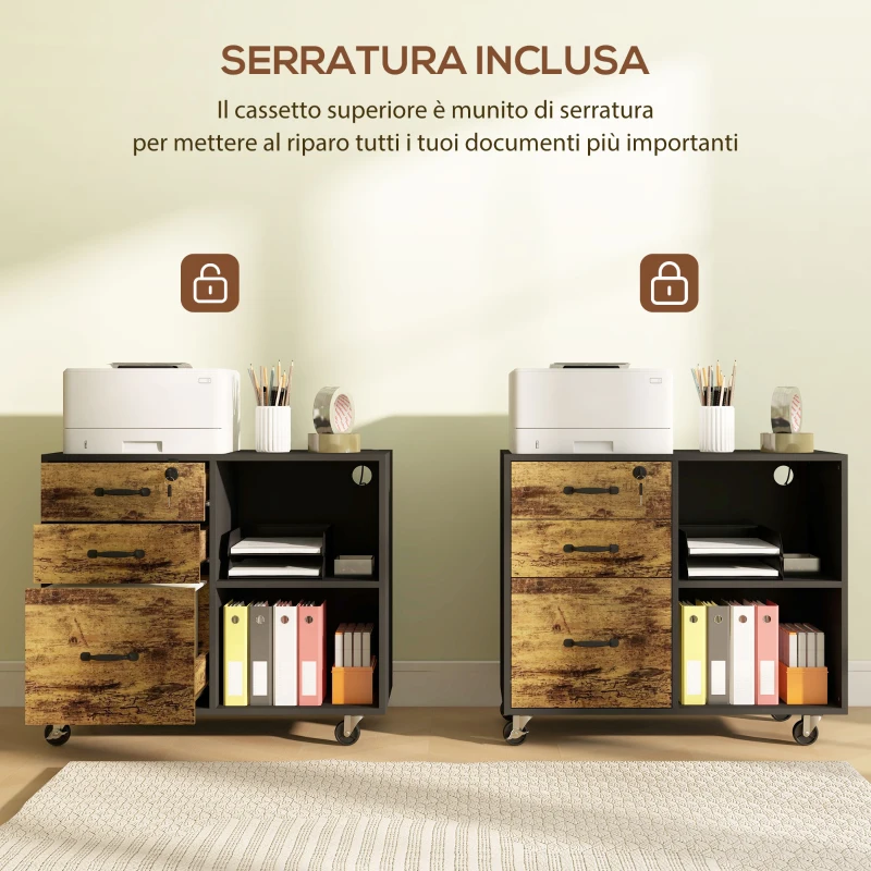 HOMCOM Mobile per Stampante con 3 Cassetti, 2 Ripiani Aperti e Foro Passacavi, in MDF, 80x40x65.5 cm, Marrone e Nero