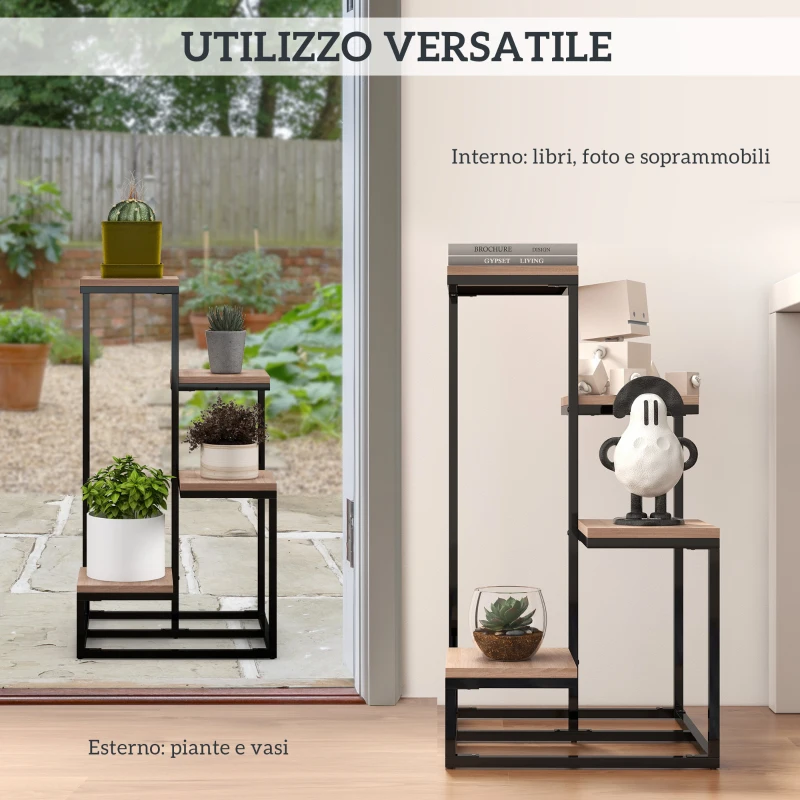 Outsunny Scaffale per Piante a 4 Livelli in Acciaio e Legno, 40x40x75.5 cm, Marrone e Nero
