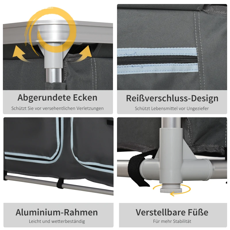 Outsunny Campingschrank Küchenbox tragbar mit Arbeitsplatte Tragetasche 3 Ablagen 1 Schrank 600D Oxford Stoff Grau 96 x 49,5 x 104 cm