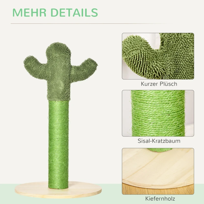 PawHut Kratzsäule für Katzen Kaktus-Kratzstämme Kratzbaum Katzenbaum Kiefernholz Sisal Seil Kratzstamm Spielzeug für Katzen 65 cm Hoch Grün+Natur