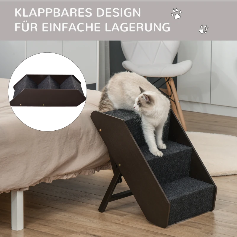 PawHut Haustiertreppe Katzentreppe Hundetreppe mit 3 Stufen für Katzen und Hunde klappbar Holz+MDF 40,8 x 56,5 x (42,5-51,5) cm