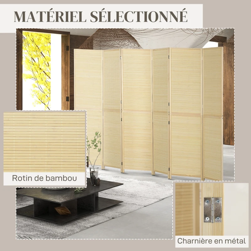 HOMCOM Paravent en bois de bambou 6 panneaux 270 x 180 cm séparateur de pièce cloison de séparation pliable - naturel