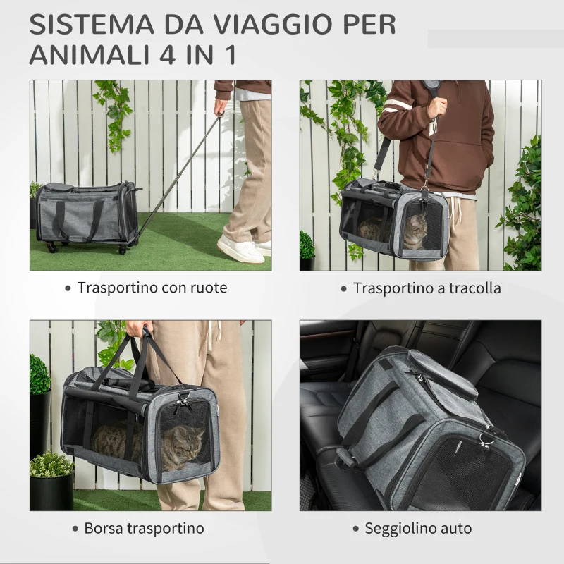 PawHut Trasportino per Cani e Gatti 4 in 1 Pieghevole con Maniglia Telescopica, 50x31x37 cm, Grigio