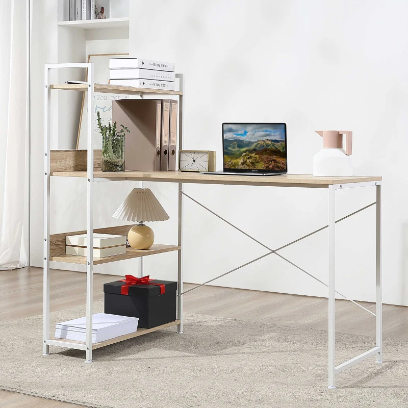 HOMCOM Office Desk with Storage Shelves, 120 CM Computer Desk, Industrial Study Table with Metal Frame for Home Office Small Space, Oak