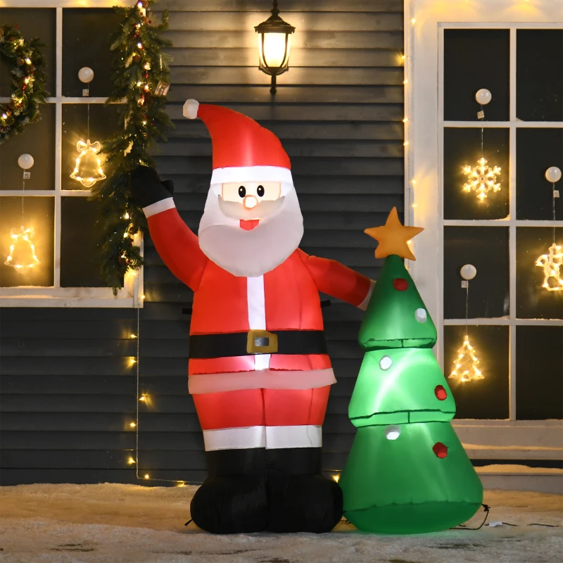 HOMCOM Papá Noel Inflable con Árbol de Navidad con 3 Luces LED e Inflador Eléctrico Decoración Navideña para Exteriores Interiores 124x62x150 cm Multicolor